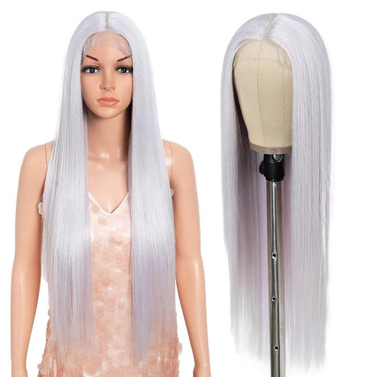 Style Icon 32-Inch Long Straight Wig Mid-Part Lace Front Silky Smooth Synthetic Silver White Purple Color Wig