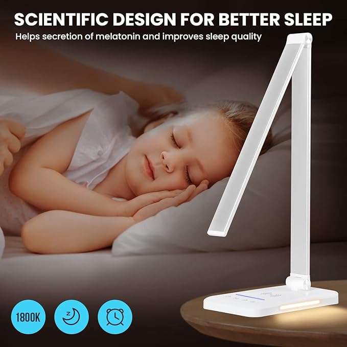 JOSTIC LED Desk Lamp with Night Light, Fast Wireless Charger, USB Charging Port, 10 Brightness, 5 Color Modes, Dimmable Bedside Table Lamp for Bedroom, Touch Control, Auto Timer, 1200Lux Super Bright