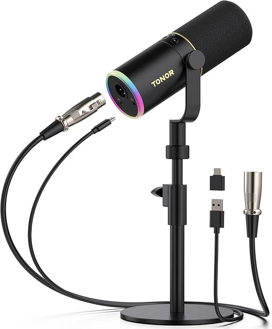 TONOR Dynamic Podcast Microphone, XLR/USB Mic for Recording, Streaming, XLR Cardioid Studio Mic with Quick Mute, Volume Control, 200 cm/78inch Cable, with RGB and Desktop Stand, Black, TD520S