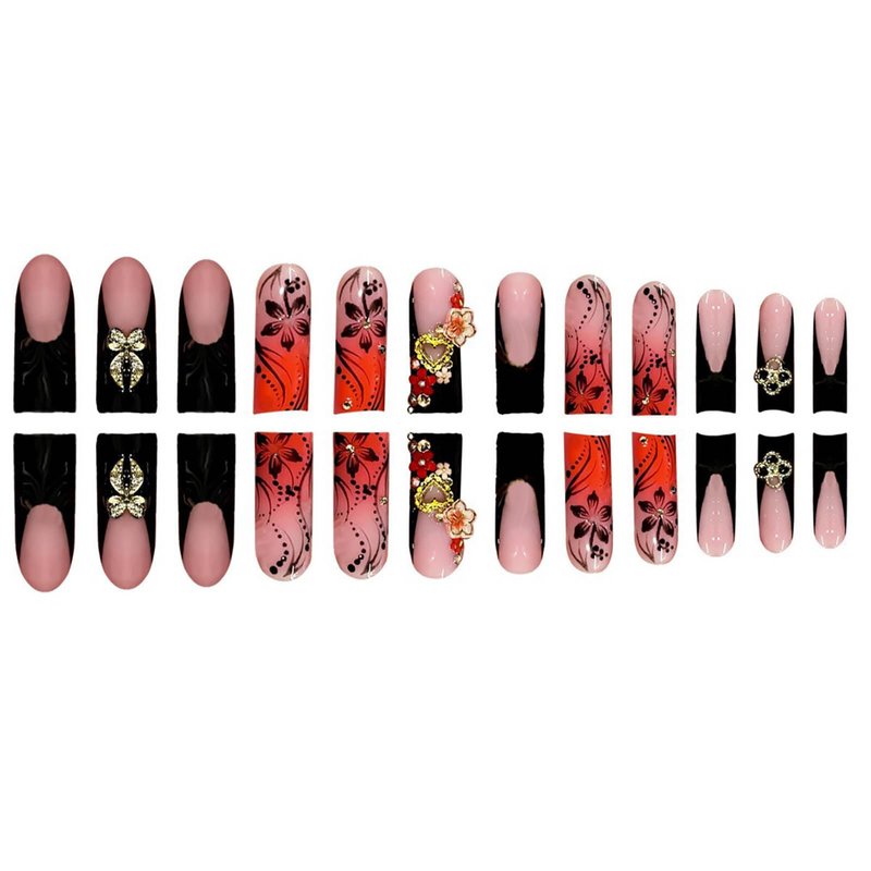 24Pcs Red French Tip Fake Nails Long Square Press on Nails pink Full Cover Glue on Nails with 3D Flower and Rhinestones Designs False Nails Gold Metallic Heart Acrylic Nails for Women