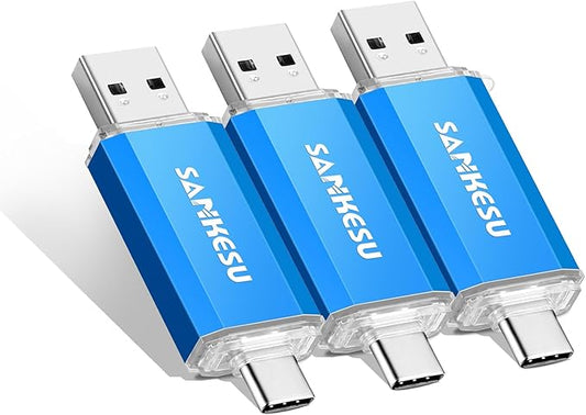 SANKESU 128GB 3 Pack 2-in-1 USB C Flash Drive USB-A+Type-C Dual Drive OTG,USB C Storage Flash Drive with LED Light Compatible with iPhone 17/16/15, Android Smartphone/Tablets/Computers