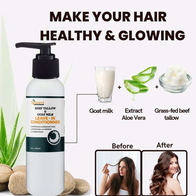 Beef Tallow & Goat Milk Leave-In Conditioner - Handmade Hair Detangler for Anti-Frizz & Dreadlocks | 12 Fl Oz