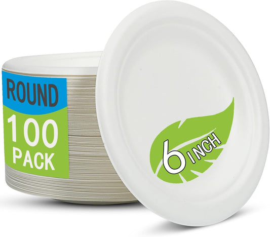 Skiennix Disposable White Paper Plates - 6 Inch Heavy Duty Biodegradable & Compostable | 100 Count, Leak-Proof, Microwave Safe for Parties & Snacks