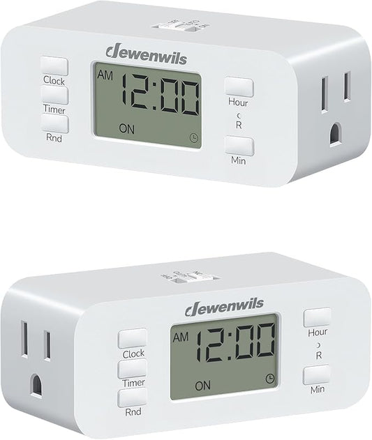 DEWENWILS 24 Hour Programmable Digital Timer Outlet, 2 Pack Timers for Electrical Outlets, Indoor Light Timers for Lamp Fan Aquarium, 2 Grounded Outlet, 125V/15A Resistive/1000W Tungsten, 3 Prong