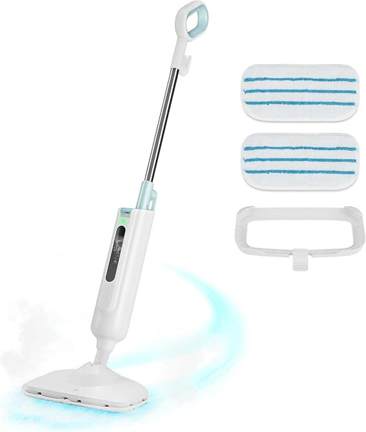 Steam Mop for Floor Cleaning, Lightweight Floor Steamer for Hardwood, Tile, Laminate & Carpet, Quick-Heat Steam Cleaner with Visible Water Tank and 2 Washable Pads, White and Green