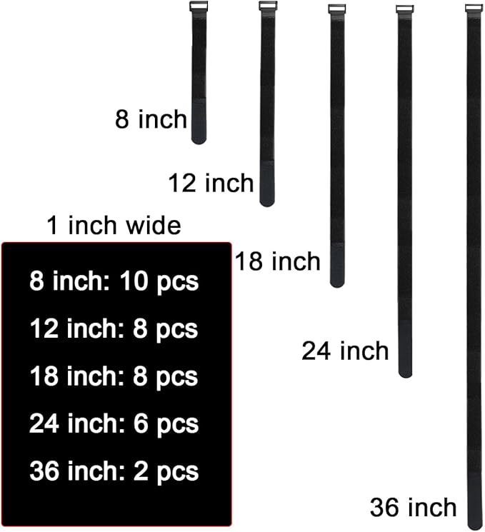 UONIKA 32 pcs 1-inch-wide Hook and Loop Cable Straps, 8"-12"-18"-24"-36" Adjustable Fastening Straps, Fixing and Organizing Cable Ties Set, Multi-Purpose Nylon Cinch Strap, Heavy-Duty Storage Straps