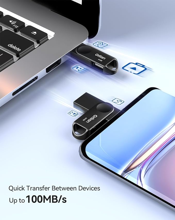 Orlian 64GB USB C Flash Drive Dual USB 3.0 Thumb Drive Type-C & USB-A up to 110MB/S Metal UDP Waterproof Swivel Design Memory Stick for Phone Android Tablet iPhone 15/16/17 Computer PC and More Black