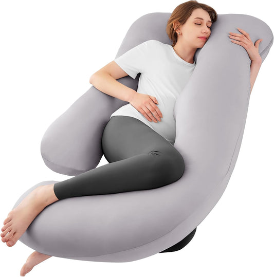 Sasttie U-Shaped Cooling Pregnancy Pillow - Full Body Support with Removable Cover | Light Grey