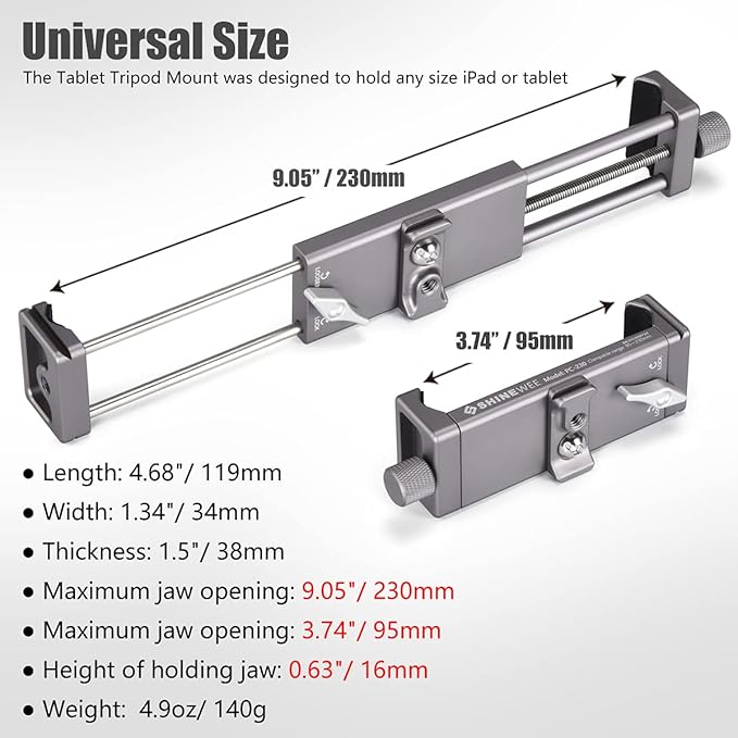 SHINEWEE Full Metal Tablet Tripod Holder - Compatible with iPad mini/Air/Pro | 1/4" Screw & Arca-Swiss Dovetail Mounts | Universal Tablet Clamp Adapter