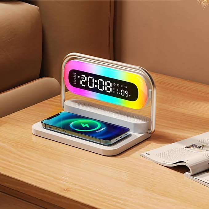 OTXKOO 4-in-1 Multifunction Mobile Wireless Charger with Colorful Night Lights, Bluetooth Speaker, Digital Clock Alarm ; M11
