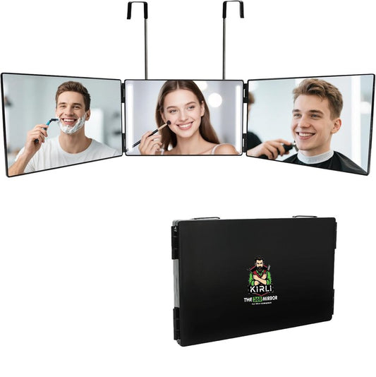 Kirli 3 Way Mirror for Self Hair Cutting – 360° with LED Lighting, Portable Trifold Mirror to See Back of Head, Adjustable Hooks, Ideal for Men & Women Styling (Black - with Led)
