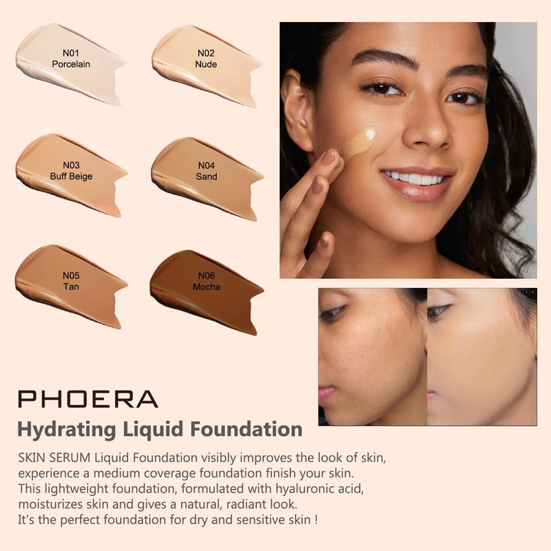 PHOERA Hydrating Serum Foundation,Flawless Full Coverage and Hypoallergenic Makeup Base Foundation. (N01 Porcelain, norm)