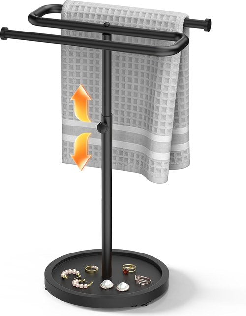 Aetyord Adjustable Hand Towel Holder - S-Shaped Stainless Steel Rack with Wood Base | Free-Standing Design for Bathroom & Kitchen