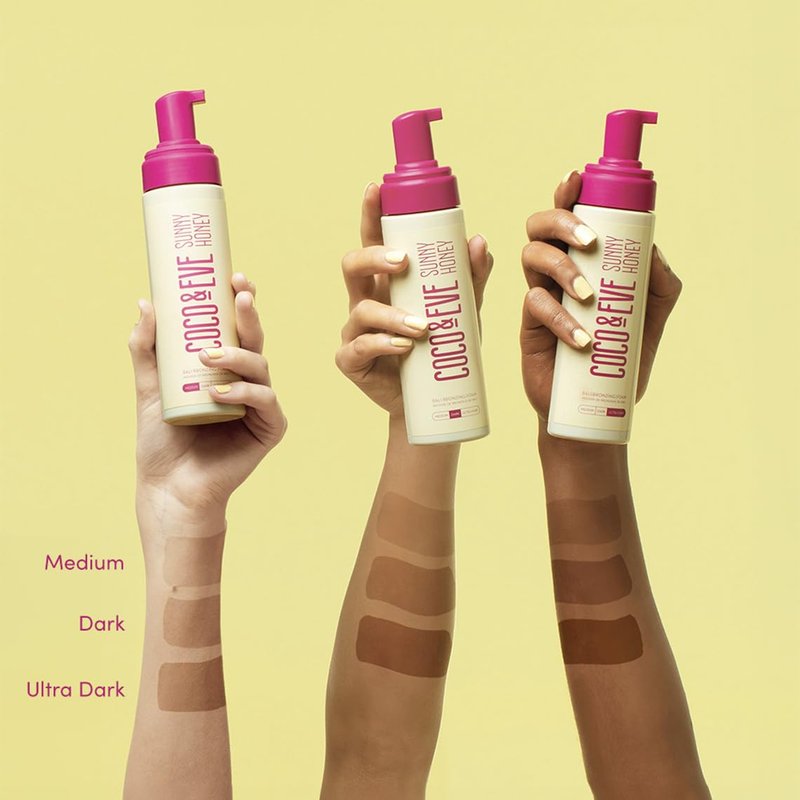 Coco & Eve Self Tanner Foam Kit - (Dark) Streak-Free Sunless Tanning Mousse, Tropically Scented Natural Looking Tan & Included Mitt Applicator, Vegan, Cruelty Free | Sunny Honey Bali Bronzing