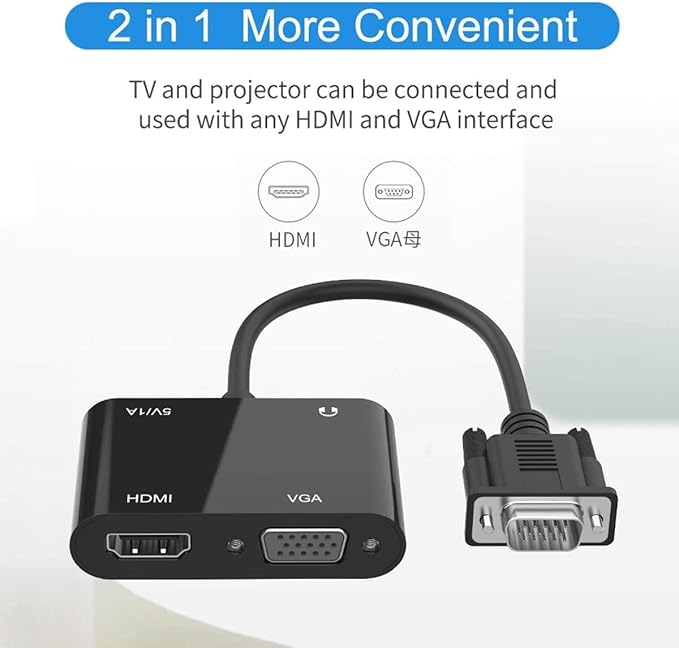 WJBCNEENT VGA to HDMI VGA Audio Video Cable Adapter Converter Splitter with 3.5mm Audio USB Power for 2 Monitors, Computer, Desktop, Laptop, PC, Projector, HDTV 1080P, Plug and Play