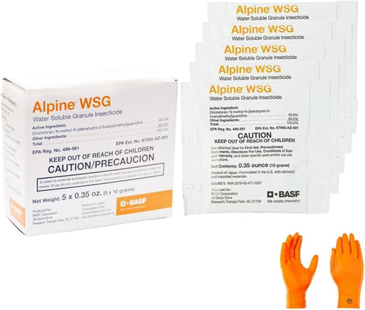 Alpine WSG Insecticide: 1 Box with 5 x 10g Packets and USA Supply Protective Gloves & Pest Identifcation Card | Target Pests: Ants, German roaches, Bed Bugs for Indoor & Outdoor use.