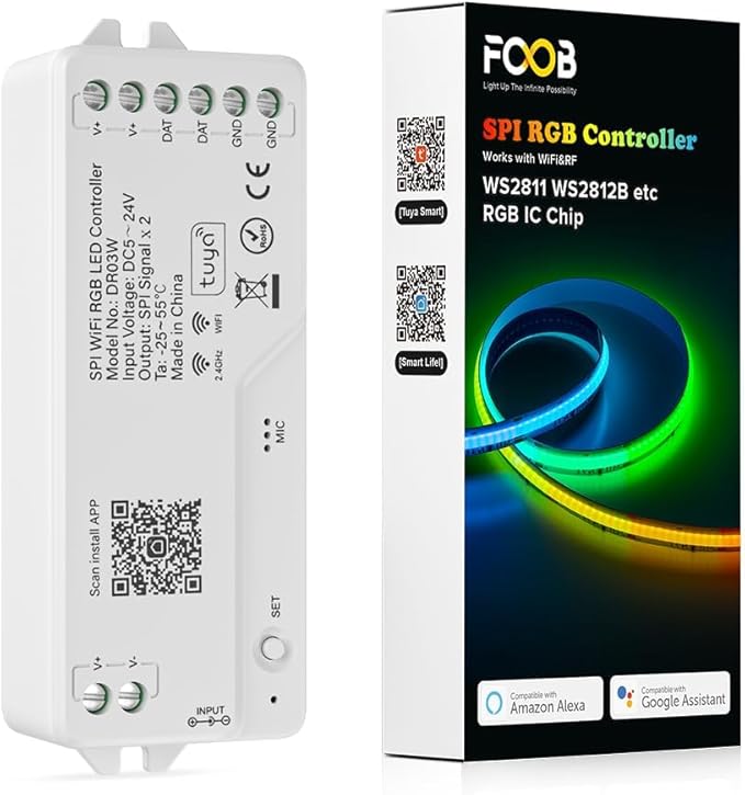 FCOB WiFi RGB IC LED Controller DR03W, Control by Smart Life/Tuya APP/Alexa/Google Home, Support WS2811/WS2812B COB Strip, SPI RGB Controller Work with WR01RF RC03RFB RF Remote
