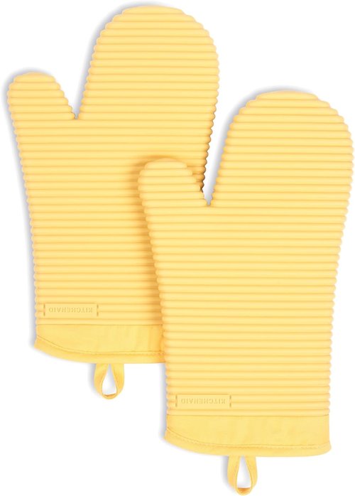 KitchenAid Ribbed Soft Silicone Oven Mitt Set - 2-Pack, 7.5"x13", Butter Yellow for Ultimate Heat Protection