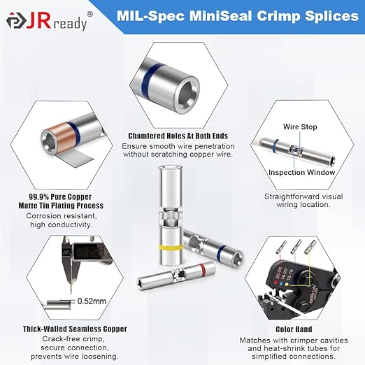 JRready IP68 Environmental Butt Splice Kit 100Sets 20-16AWG AS81824 Aviation Splice Connectors with PVDF and PE Heat Shrink Tubes ACT-232 Butt Splice Crimper G4111 Go No Go Gauge for Automotive Marine