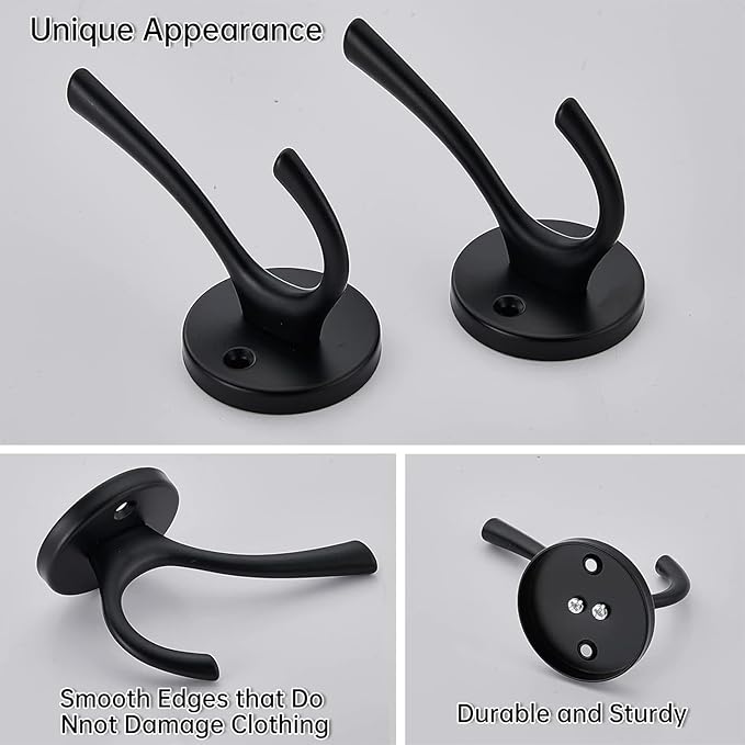 NETLKLA 4 Packs Black Coat Hooks, Decorative Double Prong Metal Closet Hooks for Hanging Towels, Robes in Bathrooms, Kitchen