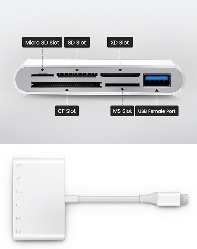 Oyuiasle USB C SD Card Reader USB-C to SD MicroSD XD Picture MS Memory Stick Compact Flash Cards, Type C 6 Slots Trail Cameras Viewer Adapter for iPhone 15 16 iPad Mac Laptop MacBook More USBC Devices