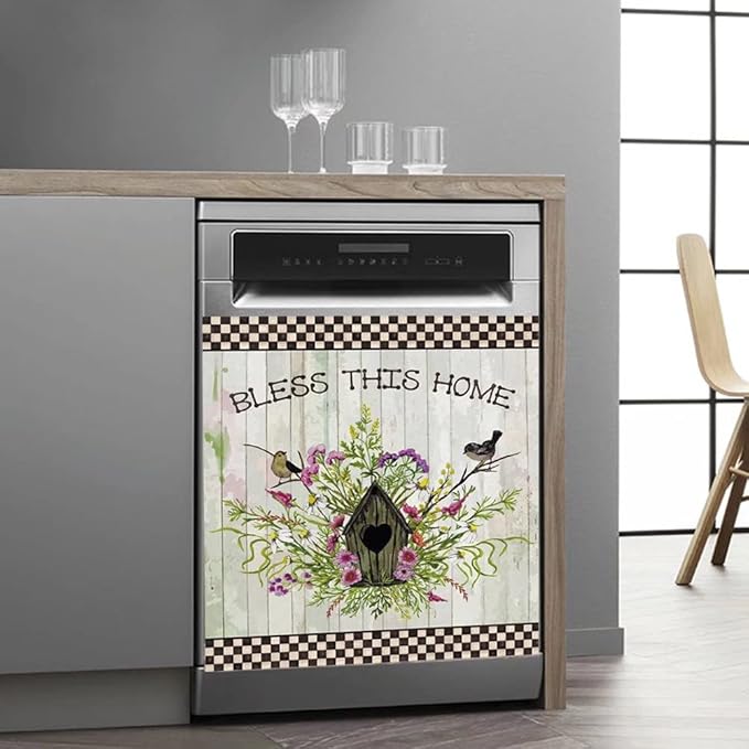 Wowfeel Bird Dishwasher Sticker Decal, Floral with Birds, White & Brown, PVC & PET Film, Rustic Functional, Reusable, Indoor Use, Home & Kitchen