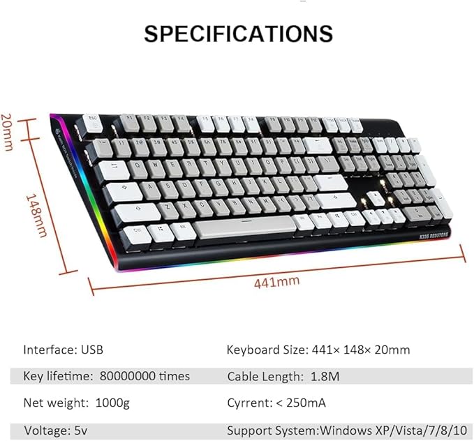 Hexgears GK735 Wired Full Size Mechanical Keyboard, Aluminum Housing Built for Gamers w/Kailh Box White Switch, White Backlit + Surrounded by RGB Light Strip, 104 Keys Gaming Keyboard for PC/Mac