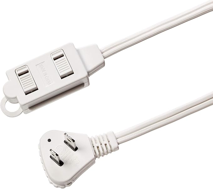 Amazon Basics 3-Foot 2-Prong Indoor Extension Cord Power Strip with Flat Plug, Space-Saving Design, 13 Amps, 1625 Watts, 125 VAC, White, 2-Pack