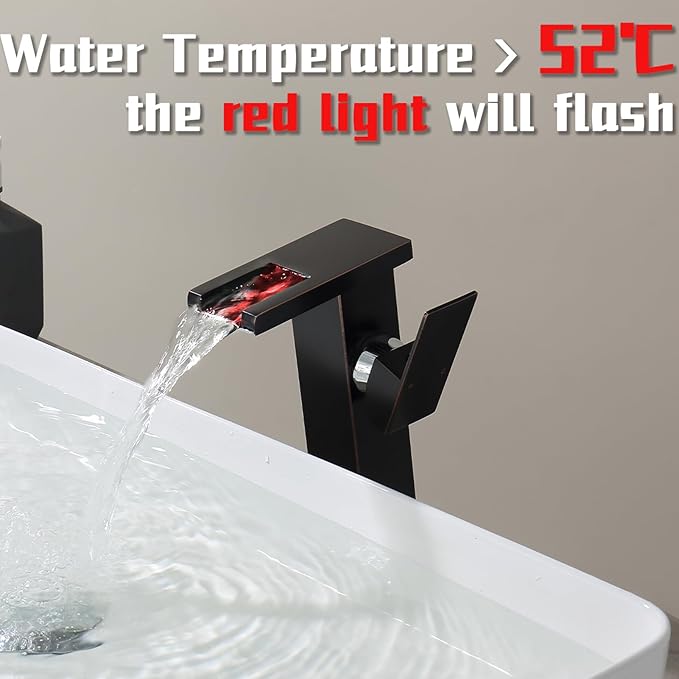 LED Waterfall Bathroom Sink Faucet, 3 Colors Changing Glass Spout Faucet with Water Supply Hose, Single Handle Single Hole Slanted Body Brass Mixer Vanity Sink Tap (Oil Rubbed Bronze
