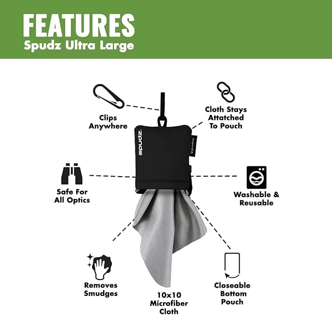 SPUDZ Ultra Microfiber Lens Cleaner with Closeable Bottom – Clip-On Pouch, Washable – for Binoculars, Scopes, Glasses, Screens | Ultra Alpine Mountain Camo, 10 x 10 Inch