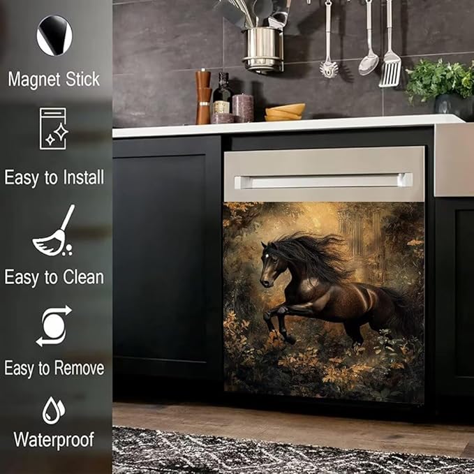Black Horse Kitchen Decor Dishwasher Magnet Cover Decal, Rustic Magnetic Dish Washer Panel Door Vinyl Sticker, Refrigerator Magnets,Easy to Clean, 23 x 26 inch