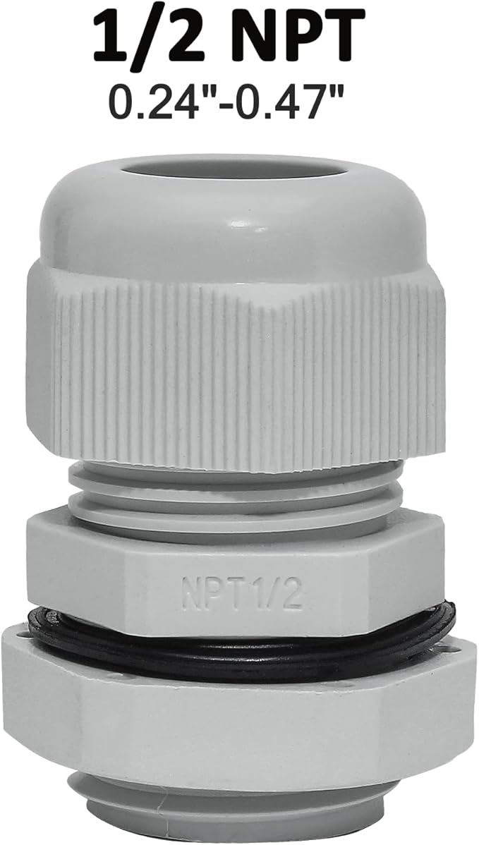 Bonsicoky 10 Pcs 1/2" NPT Nylon Cable Glands, IP68 Waterproof Adjustable Cord Grip Cable Connector Strain Relief Wire Protectors for 6-12mm Cable Diameter, Grey