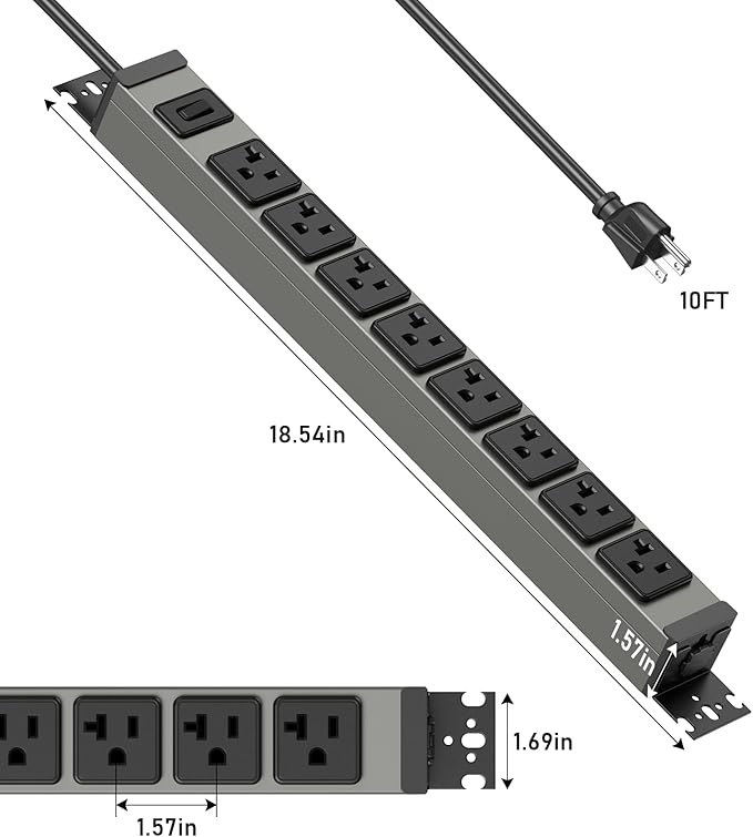 JUNNUJ Heavy Duty Power Strip Wall Mount, 20 Amp Surge Protector 1200J Metal 8 Outlet Under Desk Mounted 20A, Garage Power Table Socket Industrial Outlets 6-20R T-Slot, 10FT 12AWG Extension Cord
