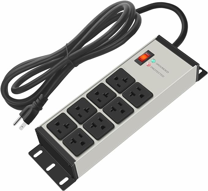 CCCEI Heavy Duty Power Strip Surge Protector 20 AMP Switch, 12 Gauge Extension Cord with Multiple Outlets, Industrial, Shop, Garage High Amp Wall Mount Electric Extender. 12FT, Grey.