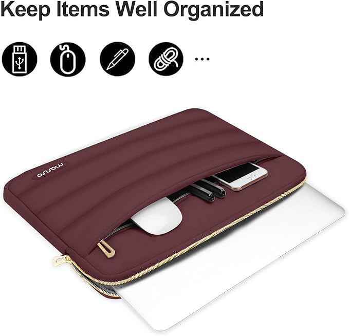MOSISO Laptop Case 16 inch, 15-15.6 inch Puffy Laptop Sleeve Compatible with MacBook Pro 16 M5 M4 M3 M2 M1, HP Dell ASUS Acer Toshiba Lenovo, Polyester Horizontal Bag with Small Case, Wine Red