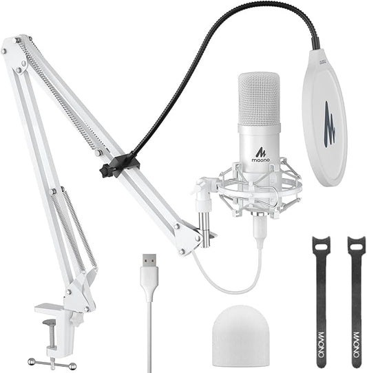 MAONO USB Microphone, 192kHz/24bit Plug & Play PC Computer Podcast Condenser Cardioid Metal Mic Kit with Professional Sound Chipset for Recording, Gaming, Singing, YouTube, AU-A04 White