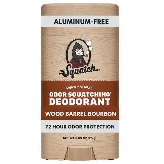 Dr. Squatch Natural Menâs Deodorant â Aluminum Free Natural Deodorant Men with Charcoal & Postbiotics for 72-Hour Odor Protection â Wood Barrel Bourbon, 2.65oz Stick