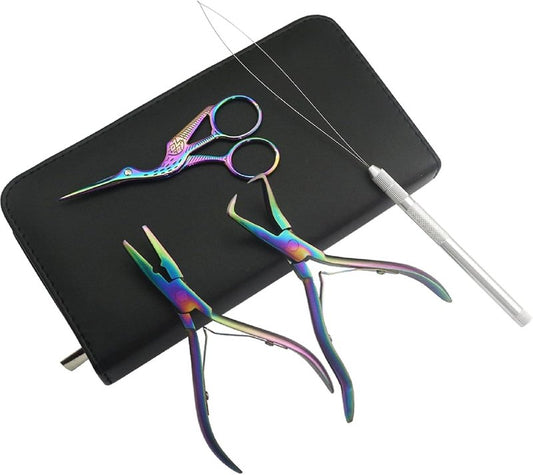 Hair Extension Beading Tool Kit - Micro Link Bead Closer, Remover Pliers & Scissors Set | Rainbow Color