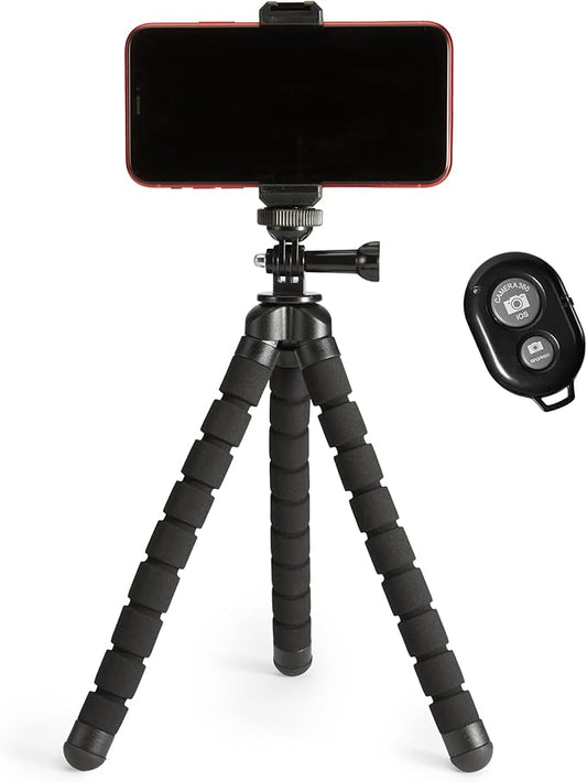 Amazon Basics Portable and Flexible Tripod with Wireless Remote and Smartphone Clamp, 10-inch, Black