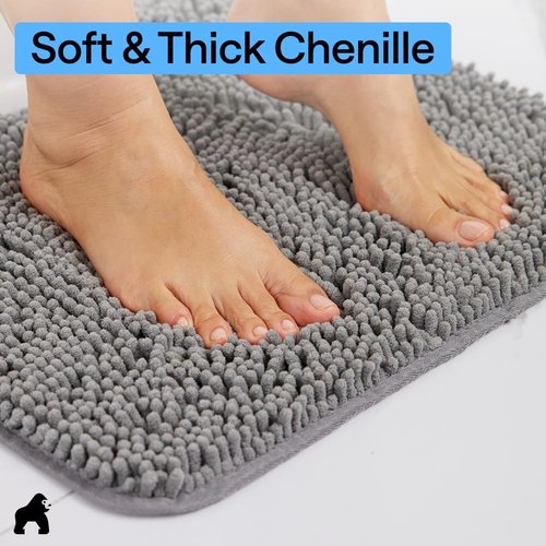 GORILLA GRIP Bath Rug Mat - Thick Soft Absorbent Chenille | Quick Dry Microfiber, 60x24, Grey
