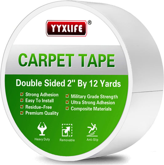 YYXLIFE Double-Sided Carpet Tape - Heavy-Duty Adhesive for Hardwood Floors & Area Rugs | 2 Inch x 12 Yards