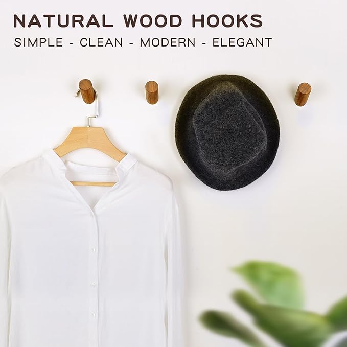 Felidio Wood Wall Hooks, 3 Pack Rustic Coat Hook Wall-Mounted, Decorative Hooks for Hanging Coats Hats Towels Robes Hat Rack for Wall (Walnut Wood)