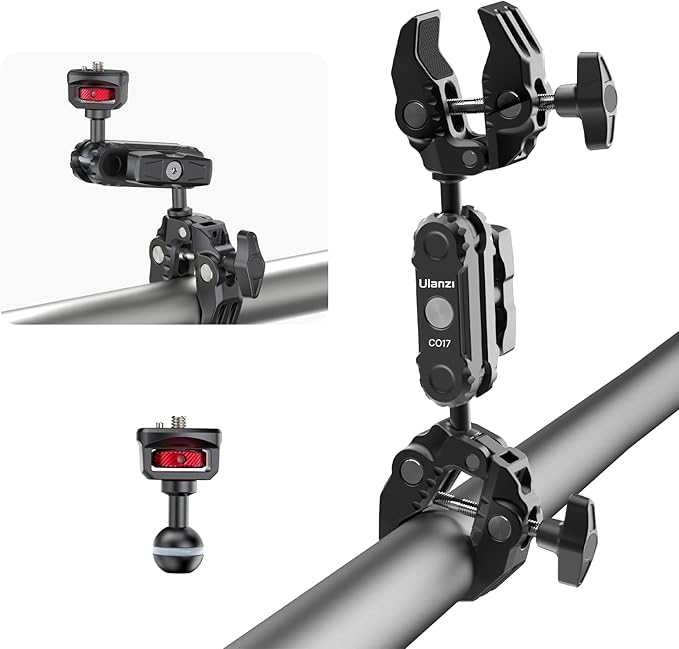 ULANZI Super Clamp Double Camera Clamp with 1/4" Adapter, CO17 Crab Plier Clip Bracket Mount Monitor Magic Arm Double Ball Head Adapter for Photo Studio Light Stand, Photo Boom Stand, Cross Bars