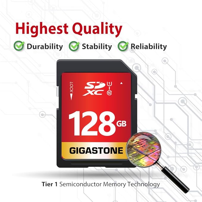 GIGASTONE 128GB SD Card UHS-I U1 Class 10 SDXC Memory Card Full HD Video for Digital Camera, Full-Sized SD Card, with 1 mini case