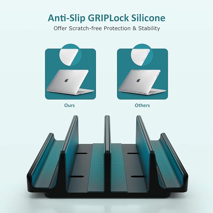 Nukoi Vertical Laptop Stand - SPACEMax Adjustable GRIPLock Anti-Tip Silicone 4 Slots Aluminum Desktop Holder - Double Dock Stand - 2 Phone Slots Fits Up to 17.3” Laptops, Tablets, Phones - Black