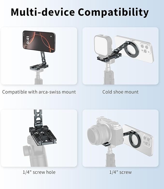 Magnetic Phone Tripod Mount Adapter for MagSafe, Aluminum Foldable Phone Holder with Arca-Swiss & 1/4" Screw Hole, Cold Shoe Mount for Camera, Pocket Mini Selfie Stick Tripod Mount for iPhone/Android