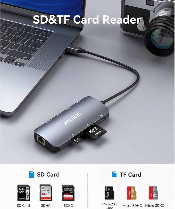 ABLEWE USB C Hub Ethernet, Multiport USB C to HDMI Hub, 8 in 1 4K@60Hz USBC Adapter,1000Mbps, 100W PD, 3 USB 3.0 Ports, Docking Station Compatible for MacBook, Tablet, Phone, Type C Devices