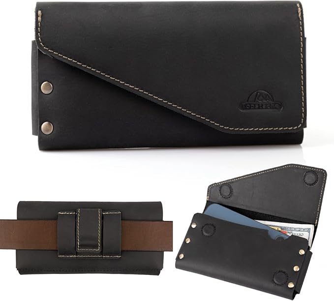 Topstache Belt Clip Leather Cell Phone Holster for iPhone 17/16/15/14, Galaxy S25/S24/S23 - Leather Belt Phone Case - ID/Credit Card Holder Clip Pouch - Fit Protective Cover on, L,Black