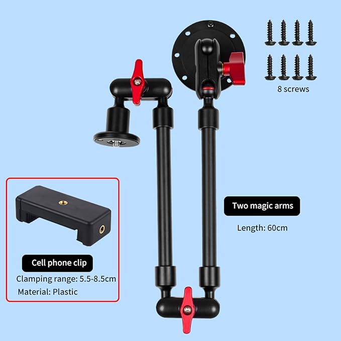 Wall Mounted Phone Holder Magic Arm 360° Rotation Adjustable Metal Base Screw in Wall Sturdy for Kitchen Bedroom Home 22 Inch ABS Phone Clip