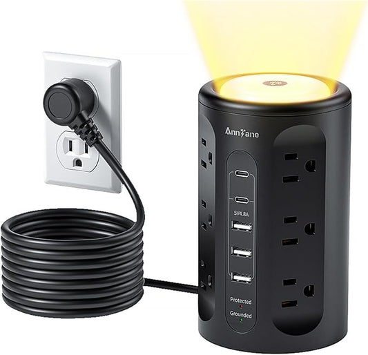 AnnTane Power Strip Tower with Night Light, Power Strip Surge Protector with USB Ports, Extension Cord 10 FT with Multiple Outlets (12AC+3A+2C) for Home Office Desk DormRoom (Black)